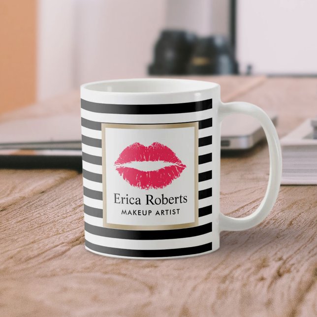 Makeup Artist Red Lips Modern Stripes Beauty Salon Coffee Mug (Creator Uploaded)