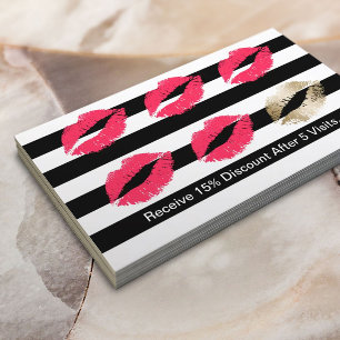 Makeup Artist Red Lips Modern Stripes Loyalty Card