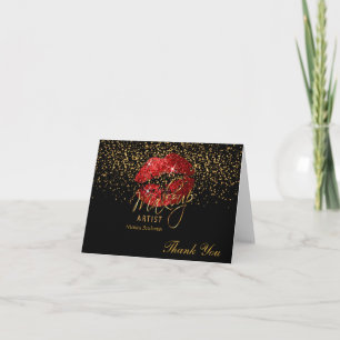 Makeup Artist  Red Lips on Black Thank You Card