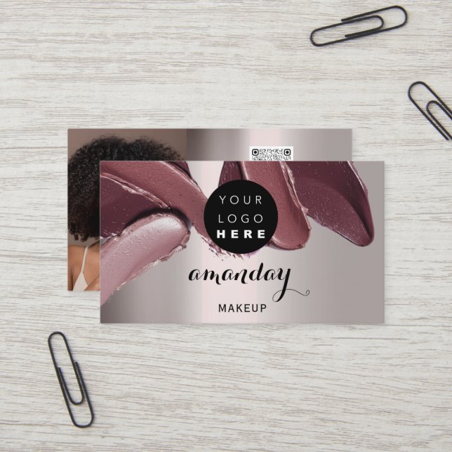 Makeup Artist Red Lipstick Photo QR Code Blush Business Card (Front/Back In Situ)