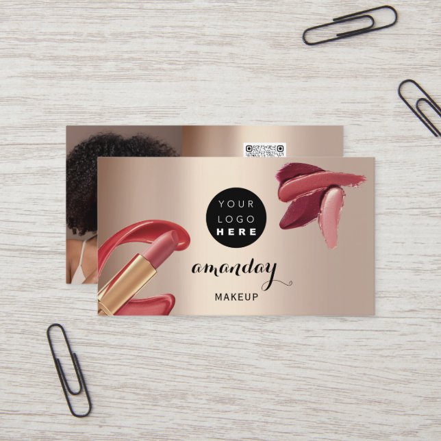 Makeup Artist Red Lipstick Rose Gold Photo QR Code Business Card (Front/Back In Situ)