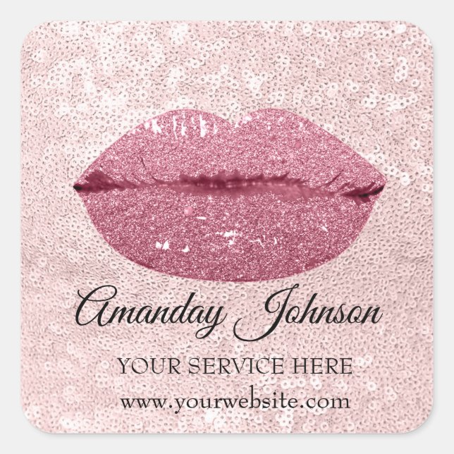 Makeup Artist Rose Glitter Kiss Lips Name Web Square Sticker (Front)