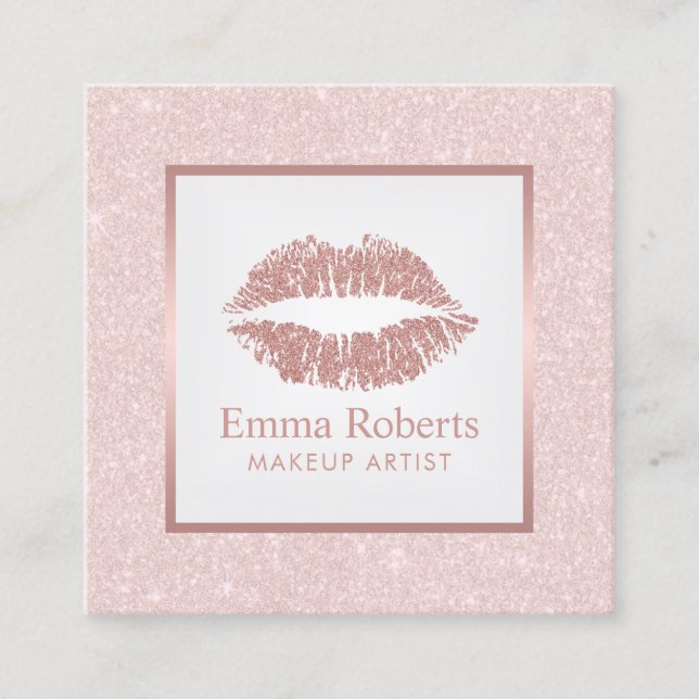Makeup Artist Rose Gold Lips Blush Pink Glitter Square Business Card (Front)