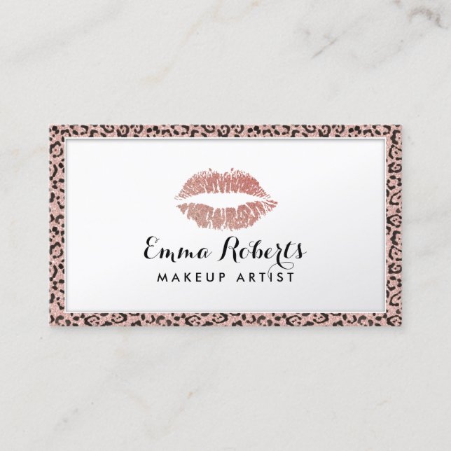 Makeup Artist Rose Gold LIps Leopard Border Business Card (Front)