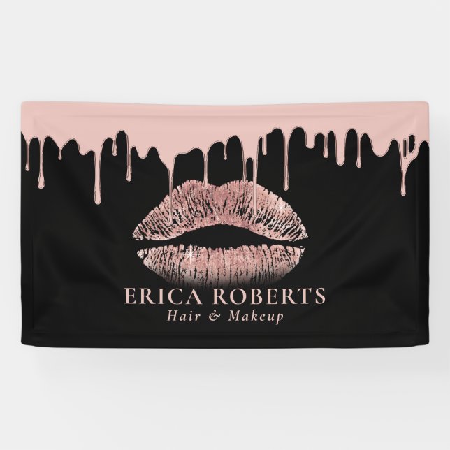 Makeup Artist Rose Gold Lips Modern Dripping Salon Banner (Horizontal)