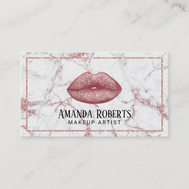 Makeup Artist Rose Gold Lips Modern Marble Salon Business Card (Front)