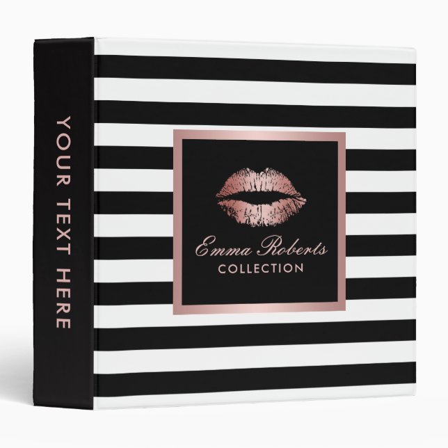 Makeup Artist Rose Gold Lips Modern Stripes Salon Binder (Front/Spine)