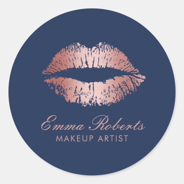 Makeup Artist Rose Gold Lips Navy Blue Salon Classic Round Sticker (Front)