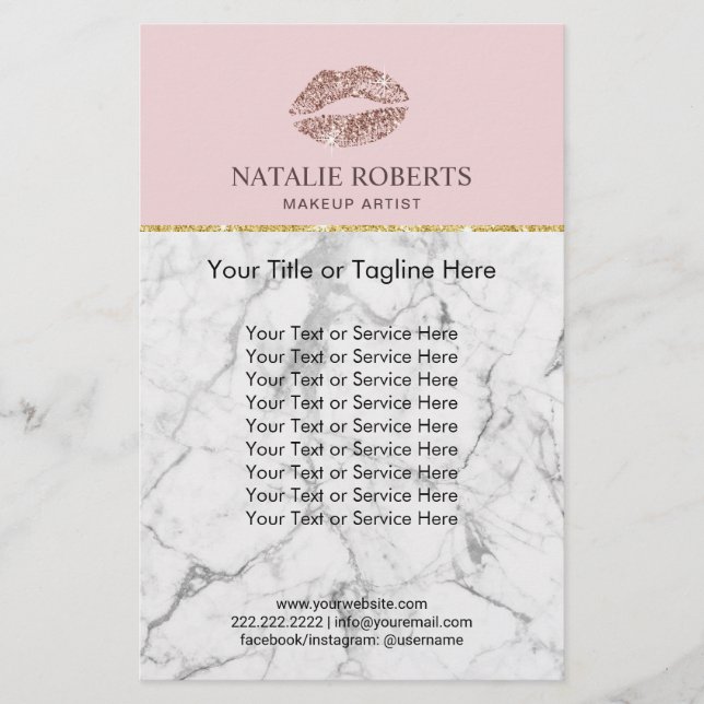 Makeup Artist Rose Gold Lips Pink Marble Salon Flyer (Front)