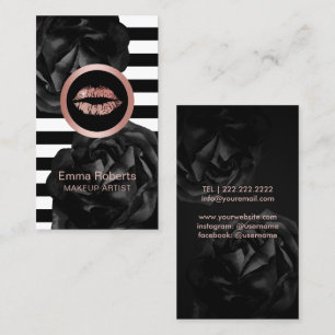 Makeup Artist Rose Gold Lips Stripes Black Floral Business Card