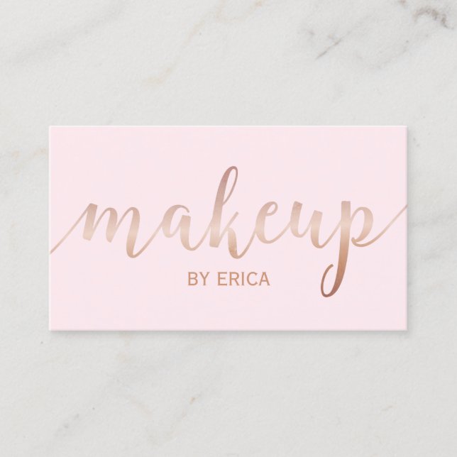Makeup Artist Rose Gold Script Girly Blush Pink Business Card (Front)