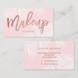 Makeup artist rose gold script pink palm tree business card
