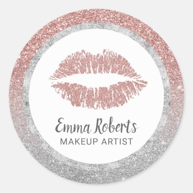Makeup Artist Rose Gold Silver Glitter Lips Print Classic Round Sticker (Front)