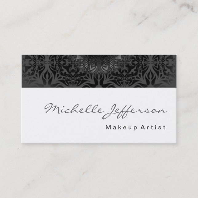 Makeup Artist Script Grey Pattern Business Card (Front)