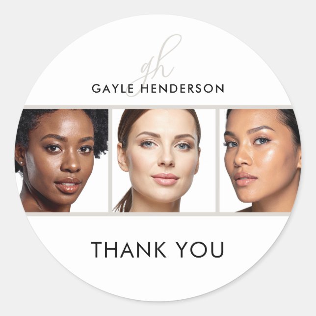 Makeup Artist Script Monogram Photo Thank You Classic Round Sticker (Front)