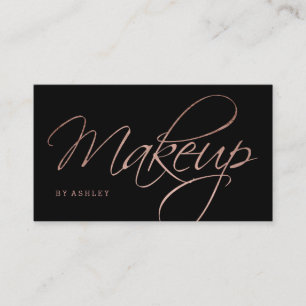 Makeup artist script rose gold typography black business card