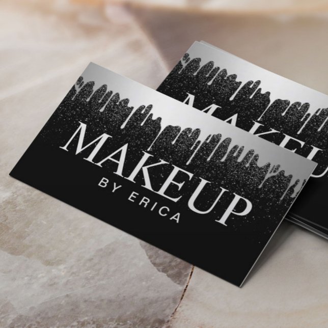 Makeup Artist Silver Drips Trendy Black Glitter Business Card (Creator Uploaded)