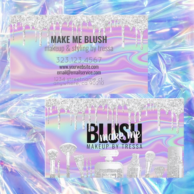 Makeup Artist Silver Glitter Drip Iridescent Swirl Business Card (Creator Uploaded)