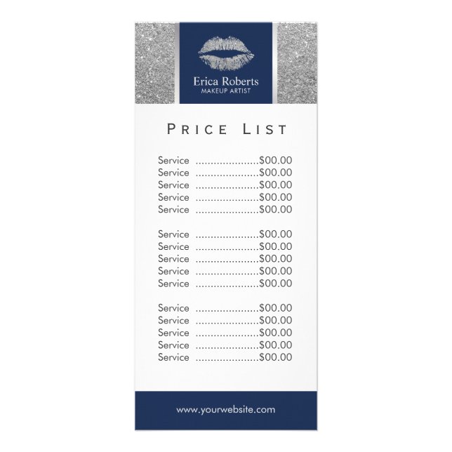 Makeup Artist Silver Glitter Lips Salon Price List Rack Card (Front)