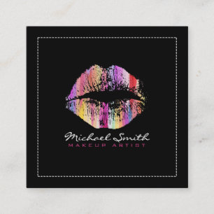 Makeup Artist Stylish Colourful Lips Modern Black Square Business Card