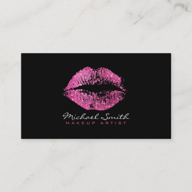 Makeup Artist Stylish Pink Glitter Lips Business Card (Front)