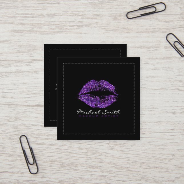 Makeup Artist Stylish Purple Glitter Lips Square Business Card (Front/Back In Situ)