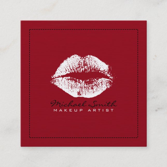 Makeup Artist Stylish White Lips Modern Deep Red Square Business Card (Front)