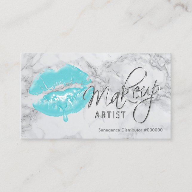 Makeup Artist Teal Lips and Grey Marble Business Card (Front)