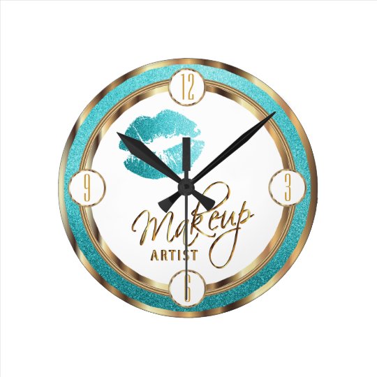 Makeup Artist Teal Lips with Gold and White Wallclocks