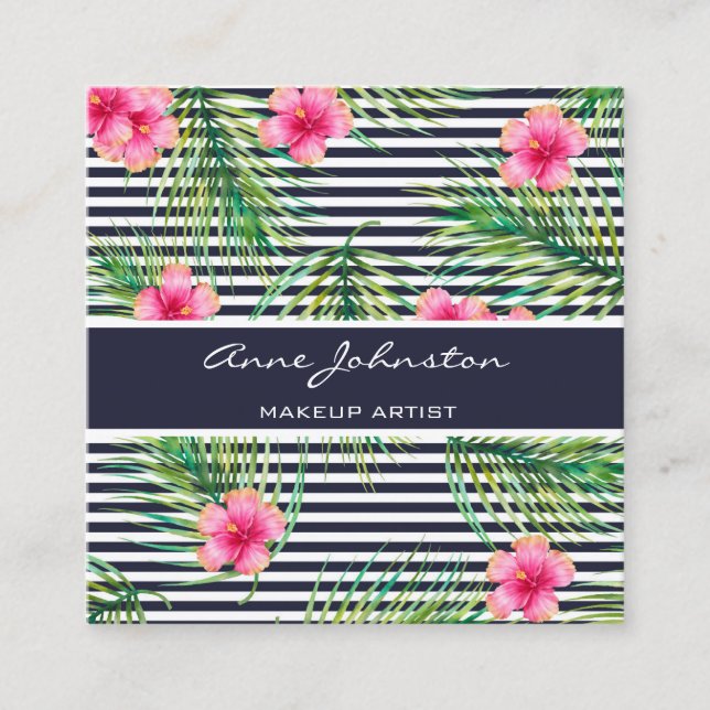 Makeup Artist Tropical Pink Flower Fern Navy Lines Square Business Card (Front)