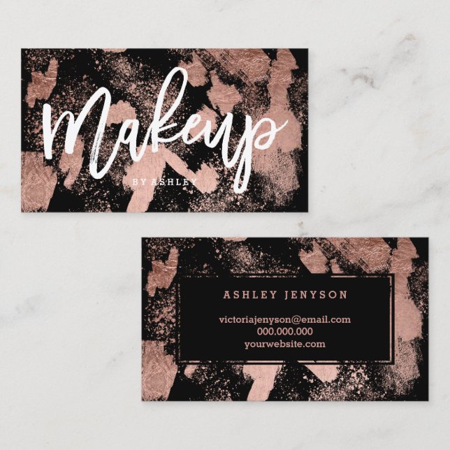 Makeup artist typography rose gold brushstrokes business card (Front/Back)