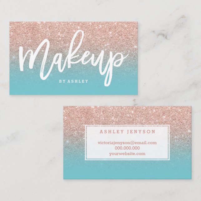 Makeup artist typography rose gold robbin egg blue business card (Front/Back)