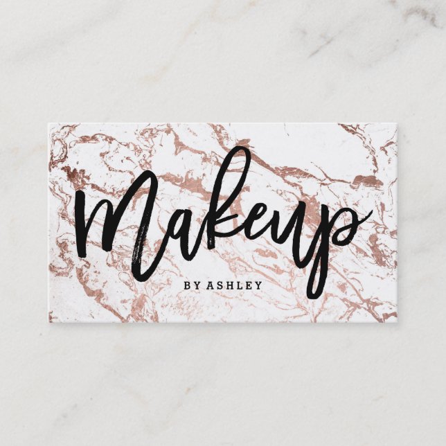 Makeup artist typography rose gold white marble business card (Front)
