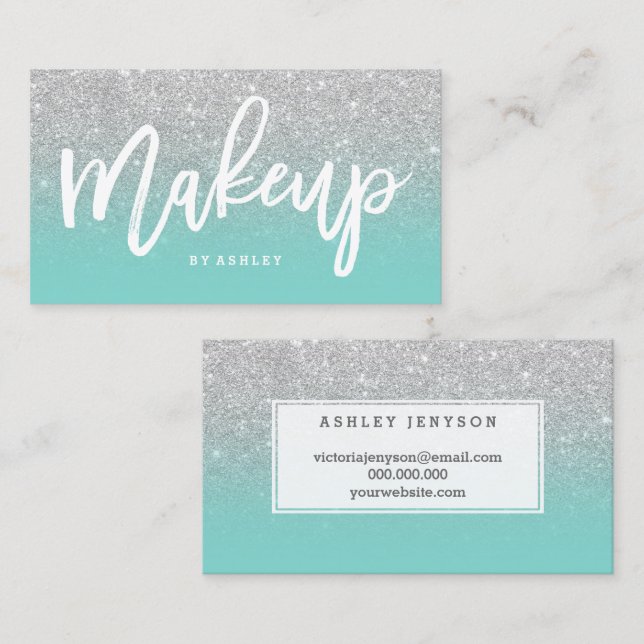 Makeup artist typography silver glitter turquoise business card (Front/Back)