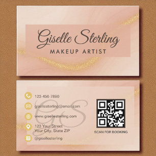 Makeup Artist Watercolor Gold Monogram QR Code Business Card