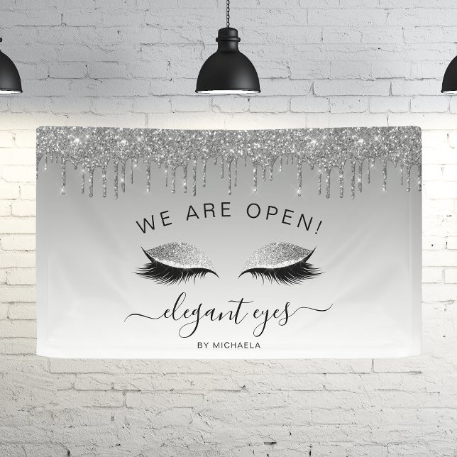 Makeup Artist We Are Open Glitter Drip Eyes Silver Banner (Creator Uploaded)