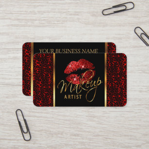 Makeup Artist with a Leopard Pattern and Red Lips Business Card
