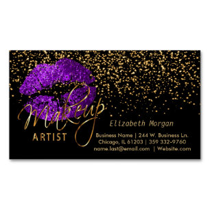 Makeup Artist with Gold Confetti & Purple Lips Magnetic Business Card