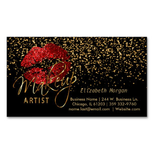 Makeup Artist with Gold Confetti & Red Lips Magnetic Business Card