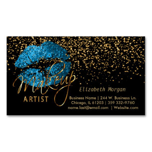 Makeup Artist with Gold Confetti & Turquoise Lips Magnetic Business Card
