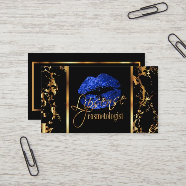 Makeup Artist with Marble Gold & Blue Accents Business Card (Front/Back In Situ)