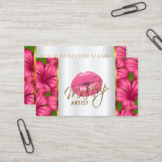 Makeup Artist with Pink Lips and Flowers Business Card (Front/Back In Situ)