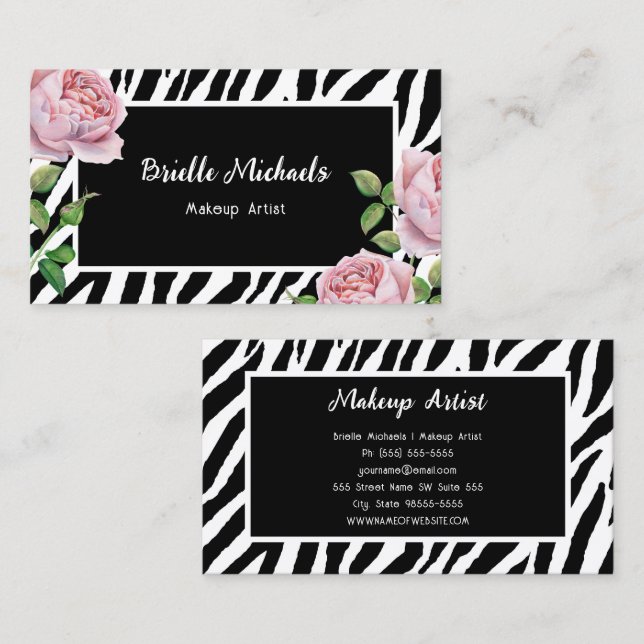Makeup Artist Zebra Rose Glam Business Card (Front/Back)