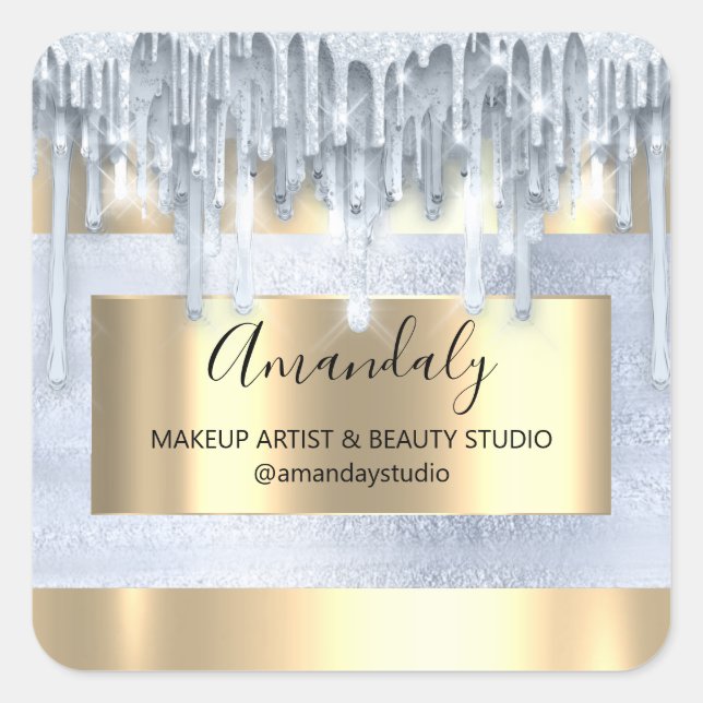 Makeup Beauty Glitter Gold Frame Boutique Blue  Square Sticker (Front)