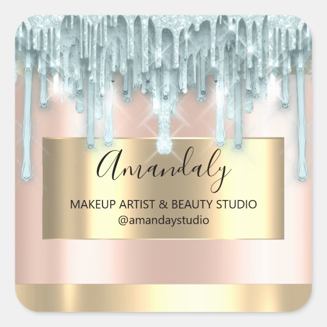 Makeup Beauty Glitter Gold Framed Boutique Blue Square Sticker (Front)