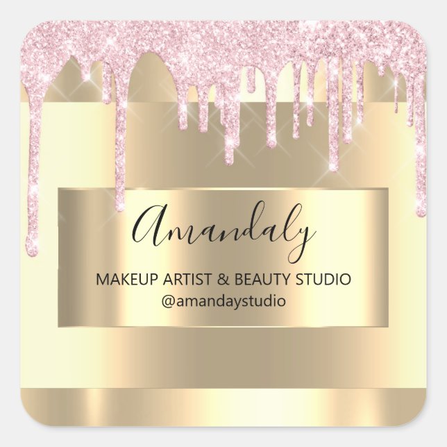 Makeup Beauty Glitter Gold Framed Boutique Pink Square Sticker (Front)