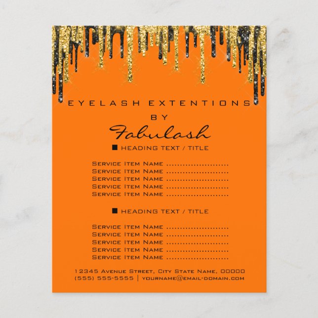 Makeup Beauty Price List Gold Black Drips Orange Flyer (Front)