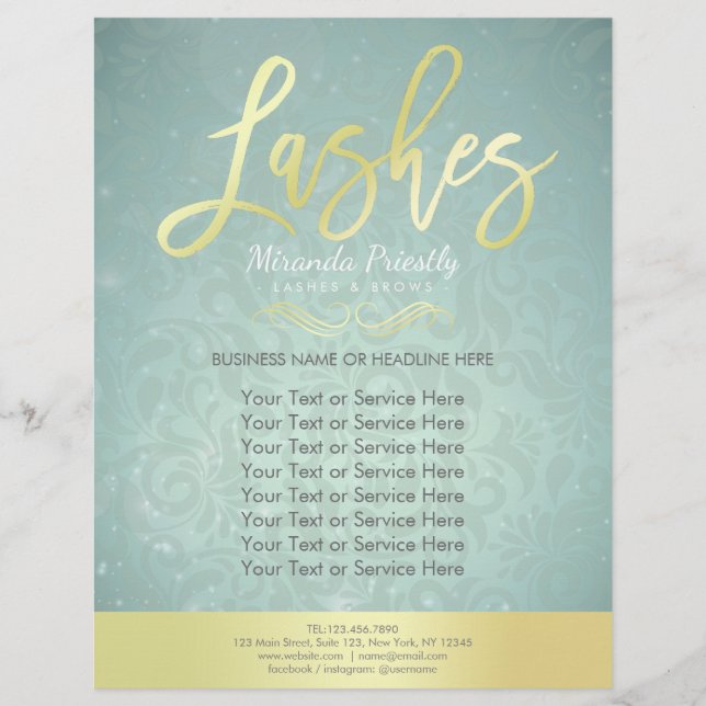 Makeup Beauty Salon Gold & Turquoise Damask Floral Flyer (Front)