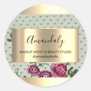 Makeup Beauty Shop Frame Gold Favour Roses Lace Classic Round Sticker