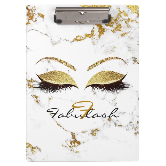 Makeup Beauty Studio Lashes White Marble Gold Clipboard (Front)